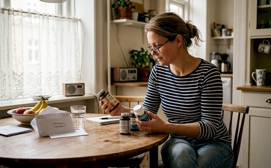 En kvinde sidder ved køkkenbordet og kigger nærmere på sine kosttilskud.