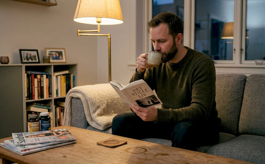 En mand nyder en rolig stund derhjemme med en kop te og en god bog.