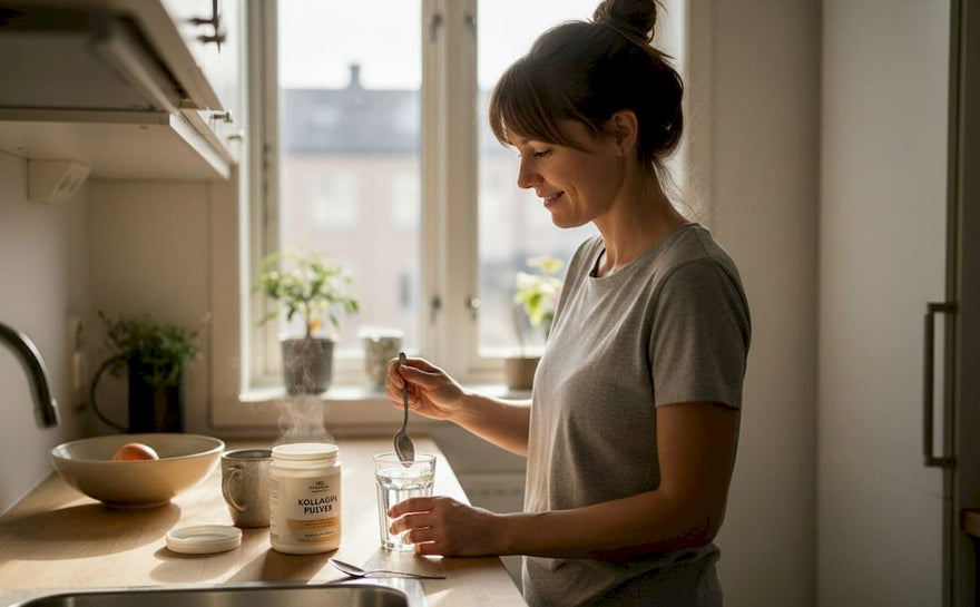 En kvinde starter dagen med at røre kollagenpulver ud i sin morgenkaffe i køkkenet.