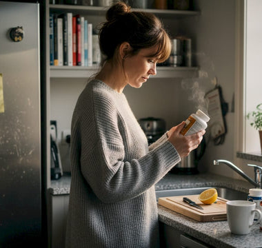 En kvinde står i køkkenet og læser på etiketten af et glas vitaminer.