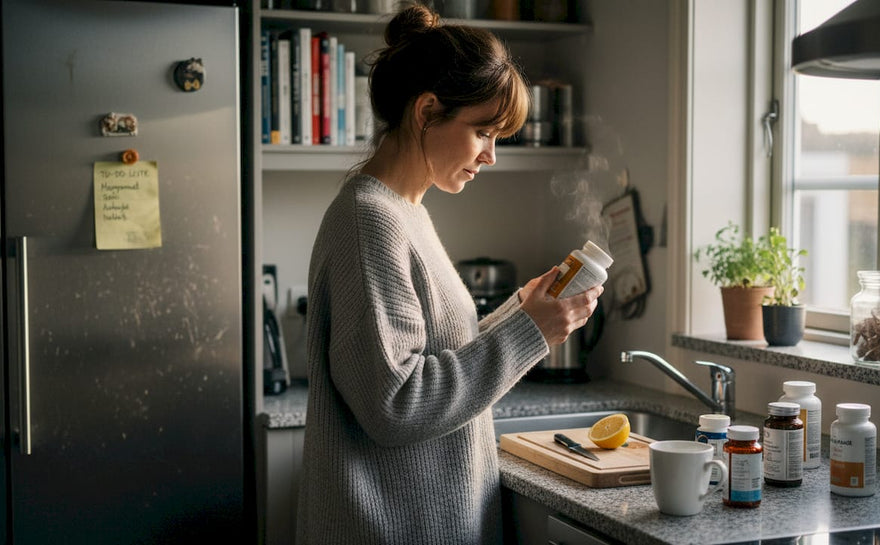 En kvinde står i køkkenet og læser på etiketten af et glas vitaminer.