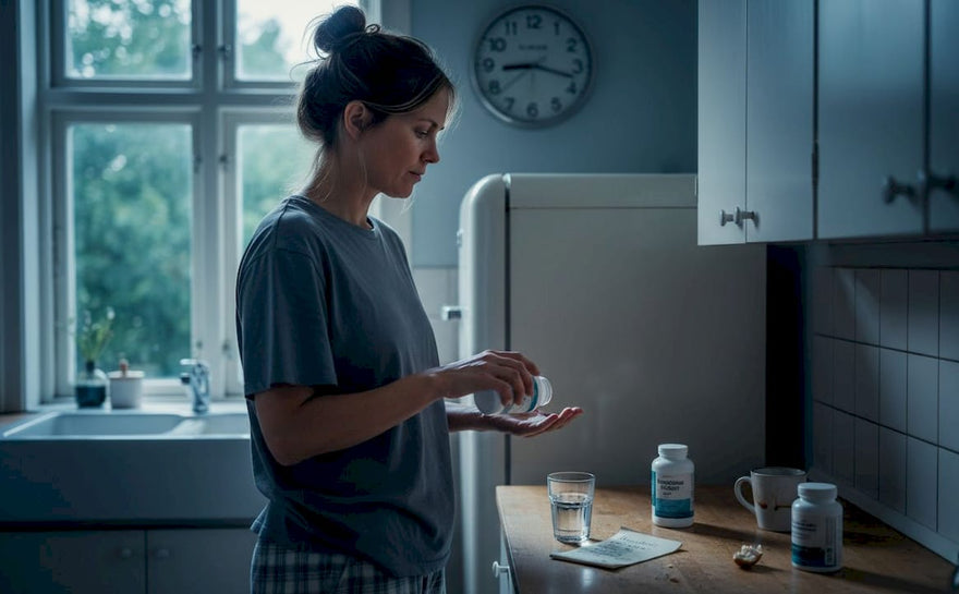 En kvinde står i sit køkken om aftenen og tager sit magnesiumtilskud.