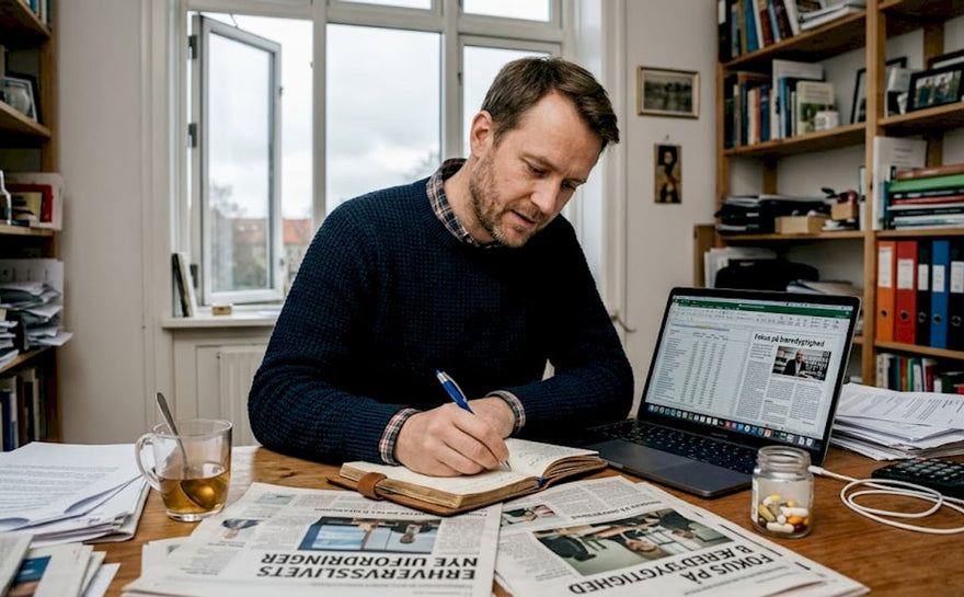 En mand sidder ved sit skrivebord med en notesbog og et glas vitaminer ved hånden.