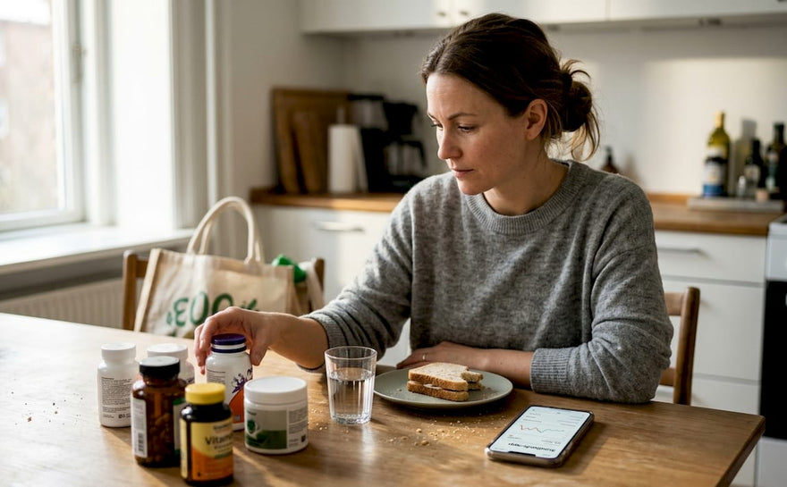 En kvinde sidder ved køkkenbordet og sorterer sine vitaminer.