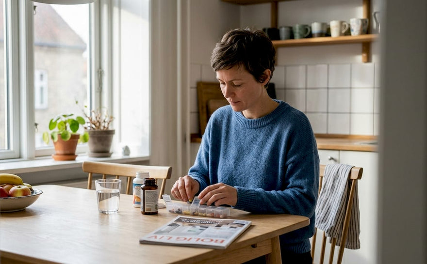 En kvinde sidder ved køkkenbordet og gør sine kosttilskud klar.