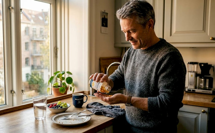 En mand står i sit køkken og holder et glas med omega-3 kapsler.