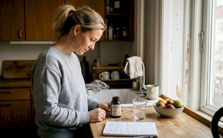 En kvinde står i sit køkken og vurderer et D-vitamin tilskud – hun læser på emballagen og overvejer, om det passer til hendes behov.