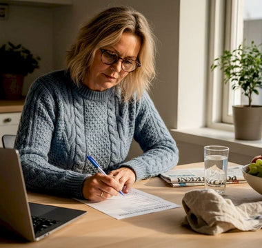 En kvinde sidder ved køkkenbordet og tjekker af på sin vitaminliste.