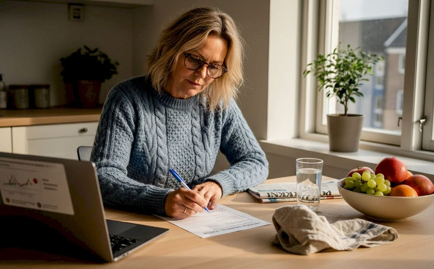 En kvinde sidder ved køkkenbordet og tjekker af på sin vitaminliste.