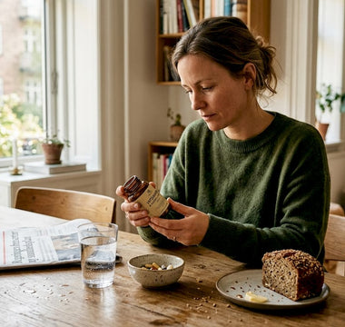 En kvinde sidder ved spisebordet og studerer etiketten på et glas vitaminer.