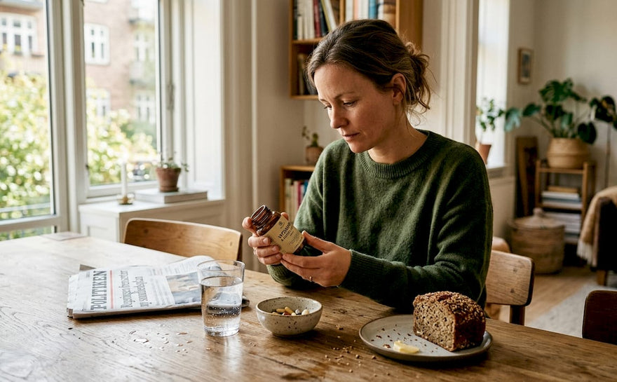 En kvinde sidder ved spisebordet og studerer etiketten på et glas vitaminer.