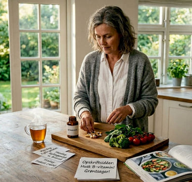 En kvinde sidder ved spisebordet og sorterer sine vitaminer.