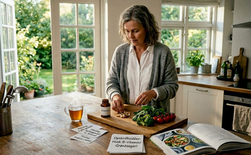 En kvinde sidder ved spisebordet og sorterer sine vitaminer.