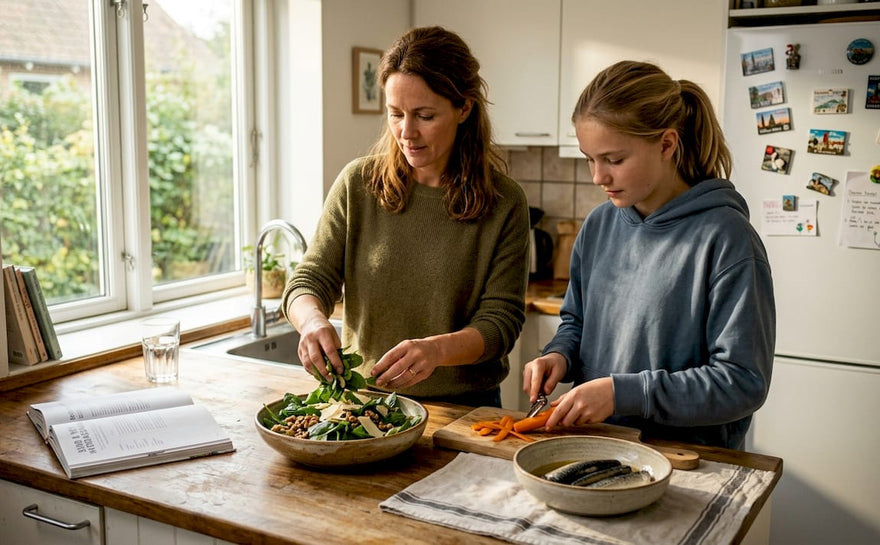 Mor og datter hygger sig i køkkenet med at lave et sundt måltid sammen.