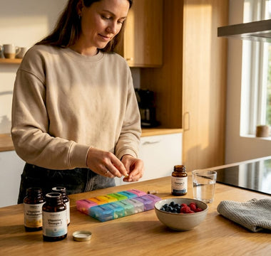 En kvinde står i sit lyse køkken og organiserer sine kosttilskud