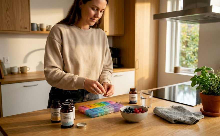 En kvinde står i sit lyse køkken og organiserer sine kosttilskud