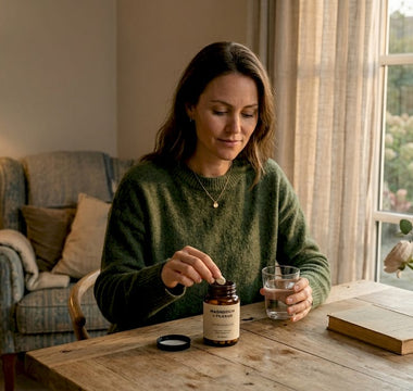 En kvinde står i sit køkken og tager et magnesiumtilskud sammen med et glas vand.