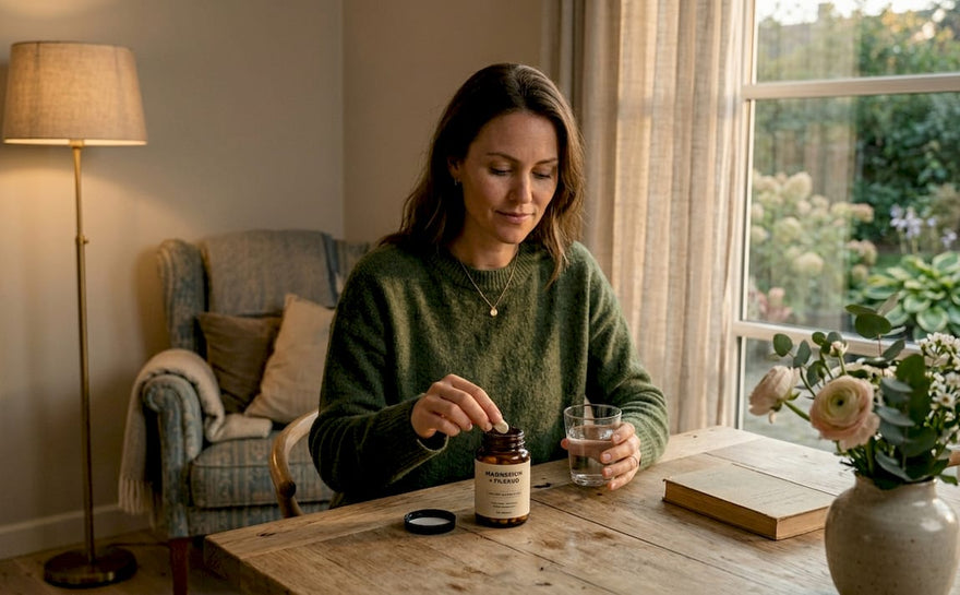 En kvinde står i sit køkken og tager et magnesiumtilskud sammen med et glas vand.