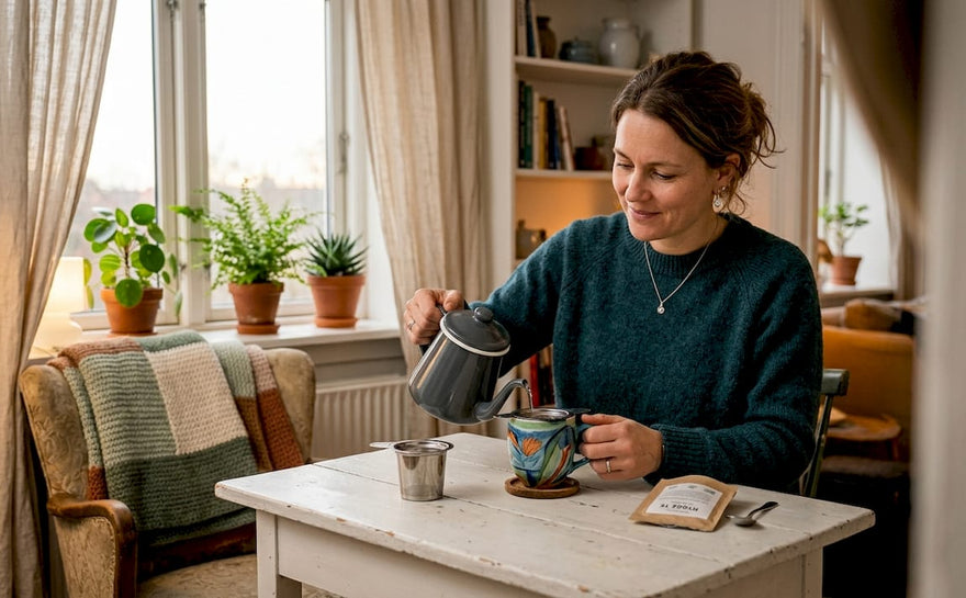 En kvinde står i sit køkken derhjemme og laver en kop urtete.