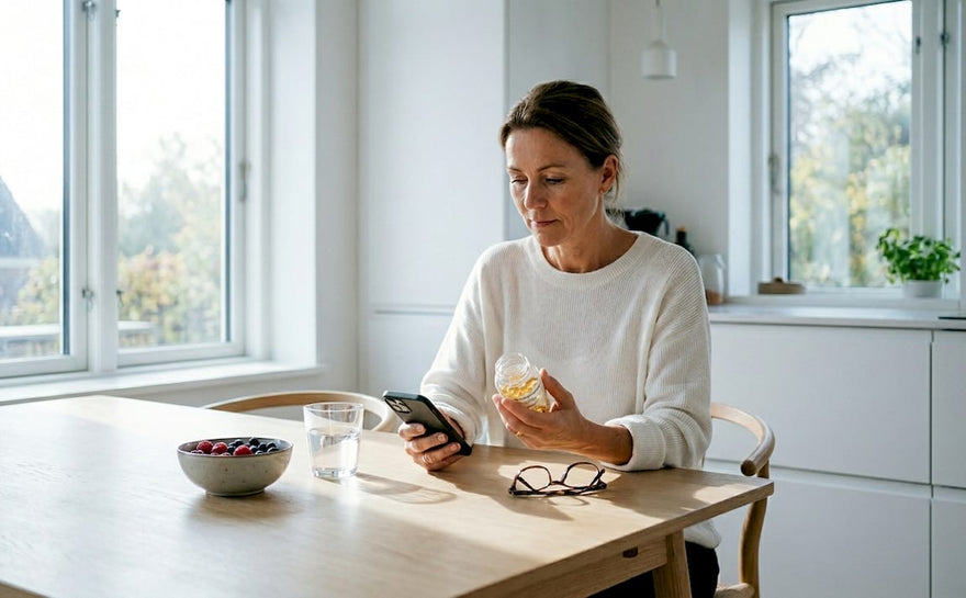 En kvinde står i køkkenet og undersøger sine omega-3 kosttilskud.