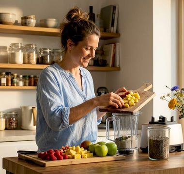 En kvinde står i køkkenet og laver en sund smoothie fyldt med antioxidanter.