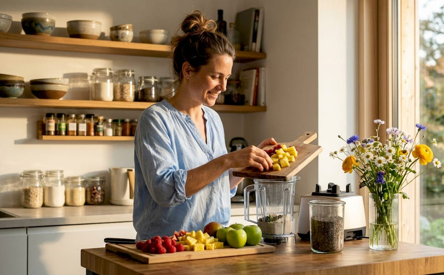 En kvinde står i køkkenet og laver en sund smoothie fyldt med antioxidanter.