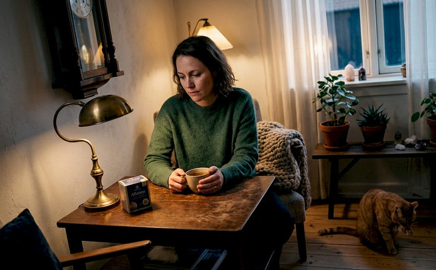 Kvinde sidder hjemme og tænker over, hvordan stress påvirker hendes søvn.
