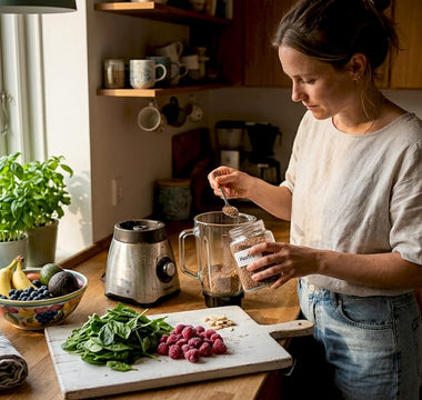 En person står i køkkenet og laver en sund smoothie med superfoods.