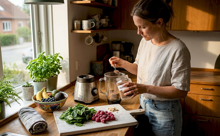 En person står i køkkenet og laver en sund smoothie med superfoods.