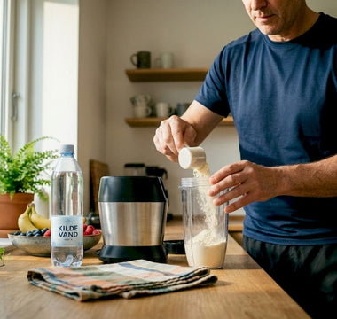 En mand står i køkkenet og blander en proteinshake.