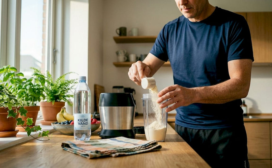 En mand står i køkkenet og blander en proteinshake.