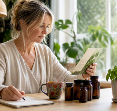 Kvinde sidder og gennemgår en brochure om bæredygtige vitamintilskud