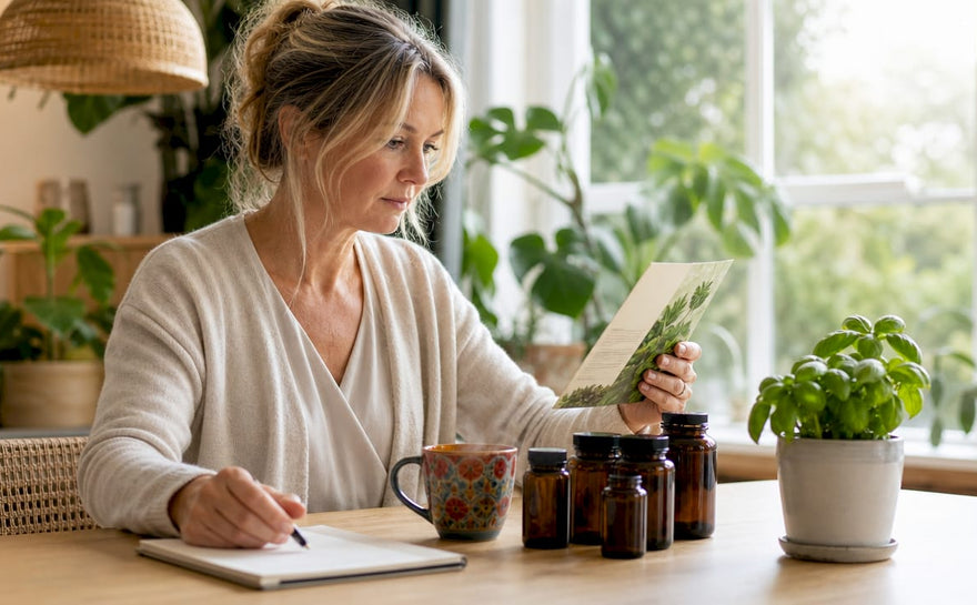 Kvinde sidder og gennemgår en brochure om bæredygtige vitamintilskud
