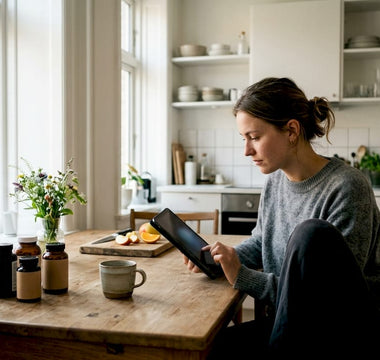 En kvinde står i sit hyggelige køkken og kigger på forskellige kosttilskud, mens hun overvejer, hvilket der passer bedst til hendes behov.
