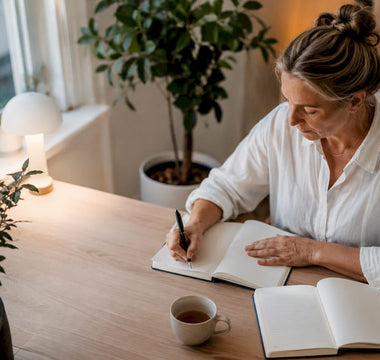 En kvinde skriver sine skridt til bedre søvn ned i sin dagbog.