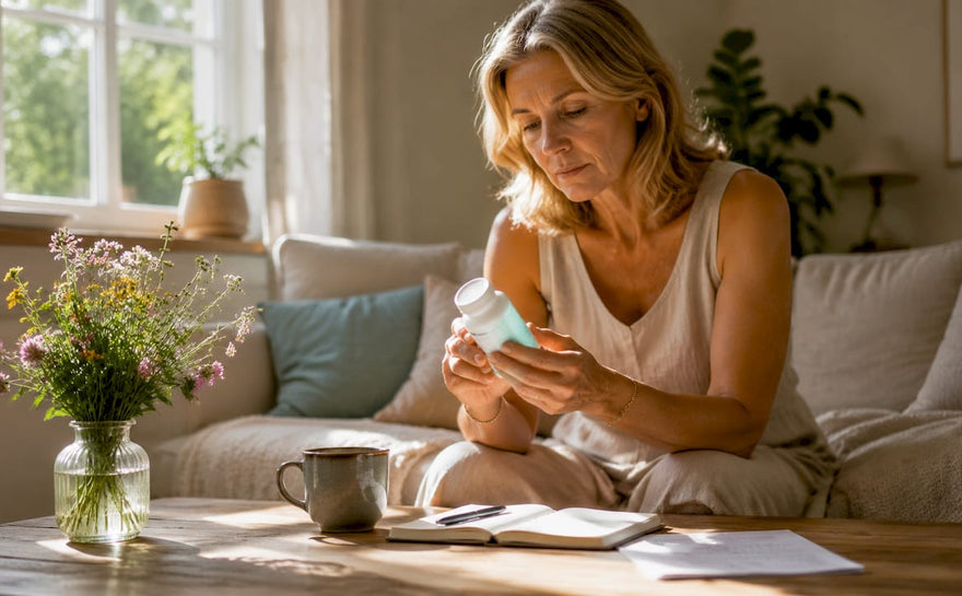 En kvinde sidder ved køkkenbordet og undersøger forskellige glucosamin-tilskud.