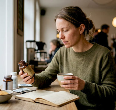 En kvinde sidder hjemme ved spisebordet og kigger nærmere på forskellige vitaminpiller.