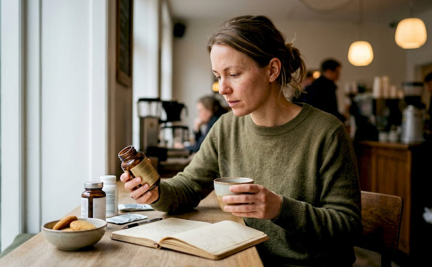 En kvinde sidder hjemme ved spisebordet og kigger nærmere på forskellige vitaminpiller.