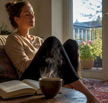 En kvinde sidder for sig selv i et stille hjørne og finder ro gennem afslapningsøvelser.