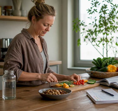 En kvinde står i sit lyse køkken og forbereder en sund morgenmad.