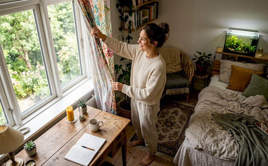 En kvinde trækker gardinerne fra og lader morgensolen strømme ind i soveværelset.