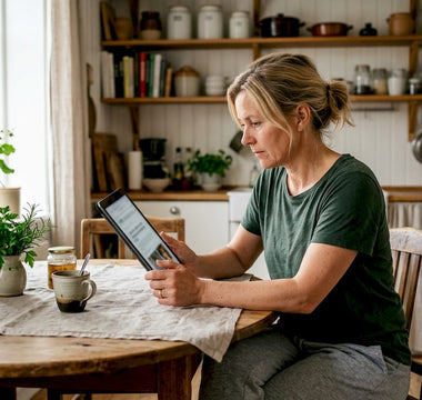 En kvinde sidder ved køkkenbordet og kigger på forskellige melatonin-tilskud på sin tablet.