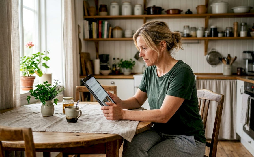 En kvinde sidder ved køkkenbordet og kigger på forskellige melatonin-tilskud på sin tablet.