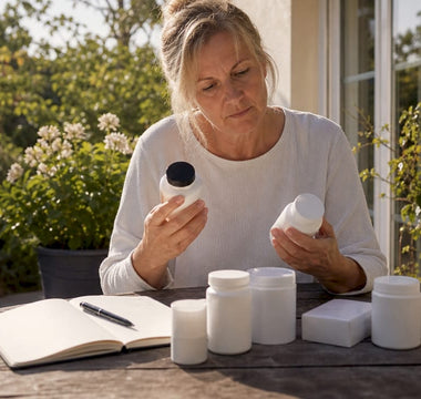En kvinde sidder ved køkkenbordet og kigger på forskellige vitaminpiller, mens hun overvejer, hvilke der passer bedst til hende.
