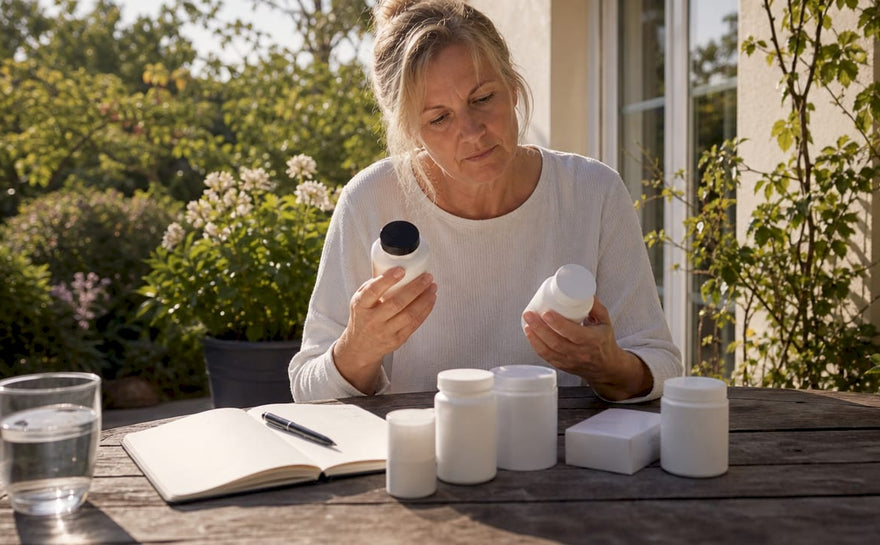 En kvinde sidder ved køkkenbordet og kigger på forskellige vitaminpiller, mens hun overvejer, hvilke der passer bedst til hende.