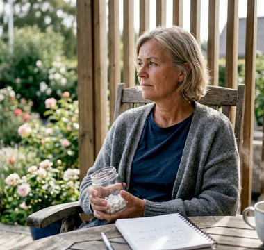 En kvinde sidder ved køkkenbordet og har et glas med glucosamin-tabletter i hånden.