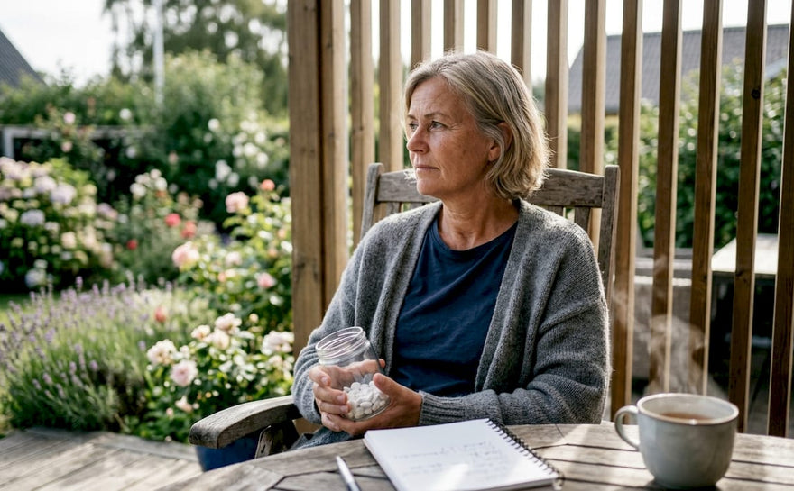 En kvinde sidder ved køkkenbordet og har et glas med glucosamin-tabletter i hånden.