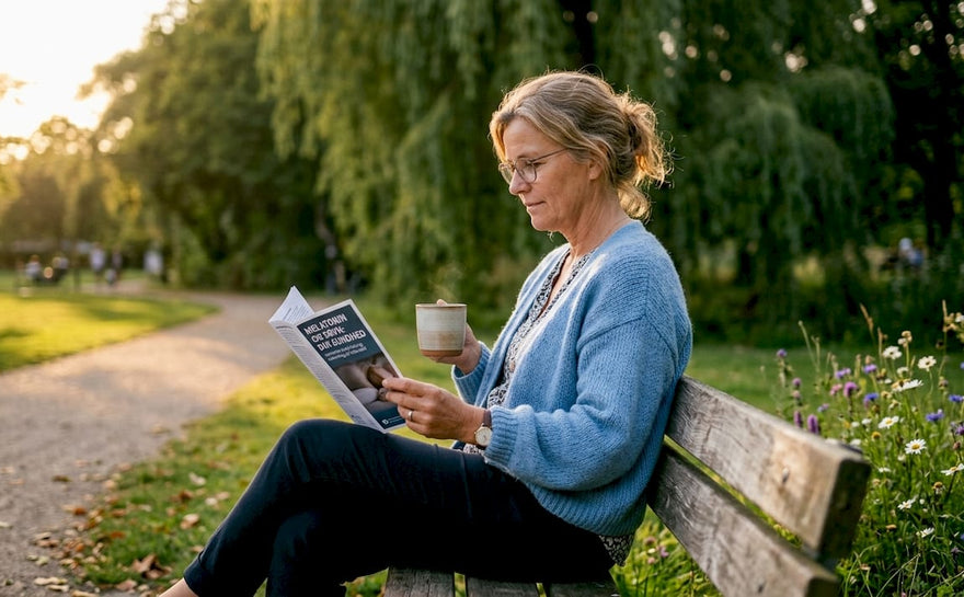 En kvinde sidder hjemme og læser op på, hvad melatonin egentlig er og hvordan det virker.