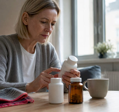 En kvinde sidder ved køkkenbordet og læser nøje på etiketten af sine vitaminer.