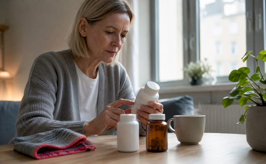 En kvinde sidder ved køkkenbordet og læser nøje på etiketten af sine vitaminer.